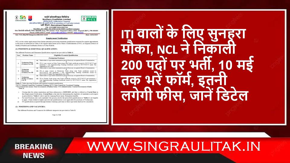 ITI वालों के लिए सुनहरा मौका, NCL ने निकाली 200 पदों पर भर्ती, 10 मई तक भरें फॉर्म, ये है फीस, जानें डिटेल